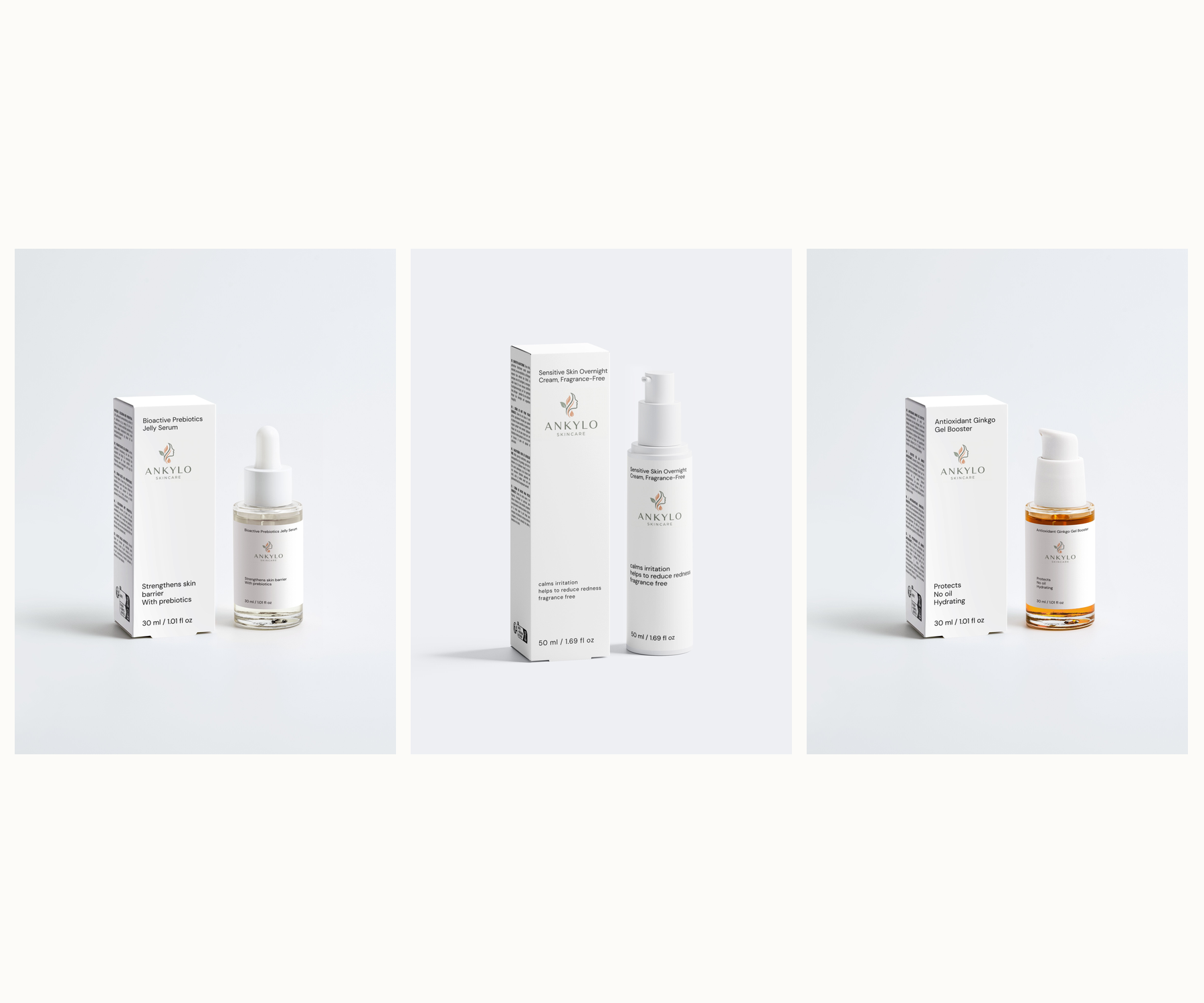 Hautbarriere-Reset-Set: Bioactive Prebiotics Jelly Serum, Sensitive Skin Overnight Cream, Antioxidant Ginkgo Gel Booster
